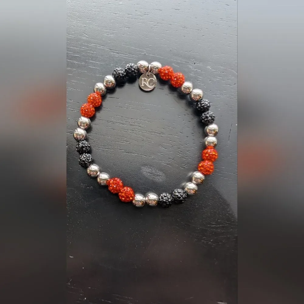 Rustic Cuff Orange, Black And Silver Beaded Bracelet Set OSU